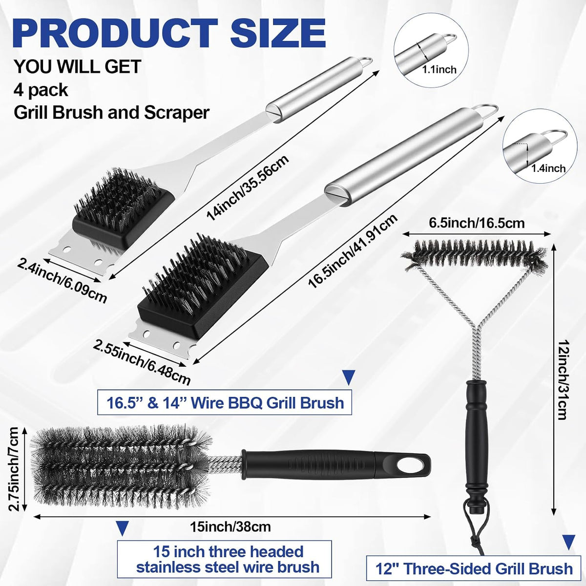 4Pcs 304 Stainless Steel BBQ Brush Set